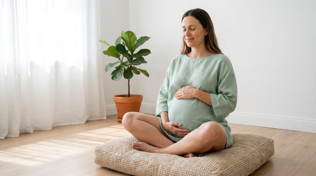 Femme enceinte souriante pratiquant la méditation sur un coussin dans une pièce lumineuse.