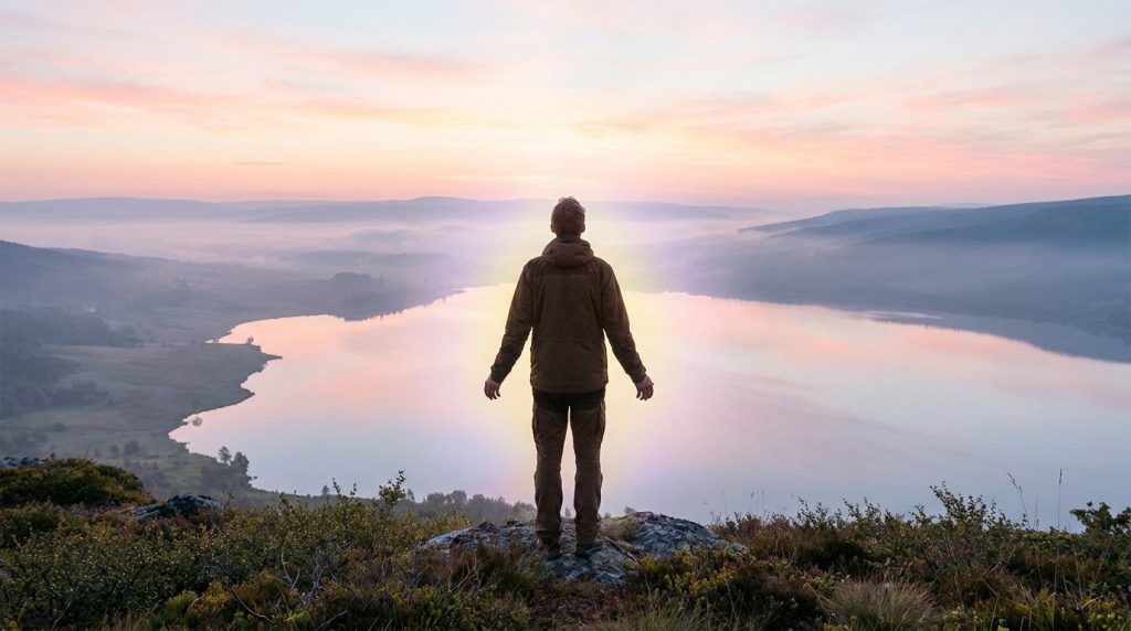 Un homme debout face à un lac brumeux au lever du soleil, symbolisant la paix intérieure et la liberté émotionnelle.