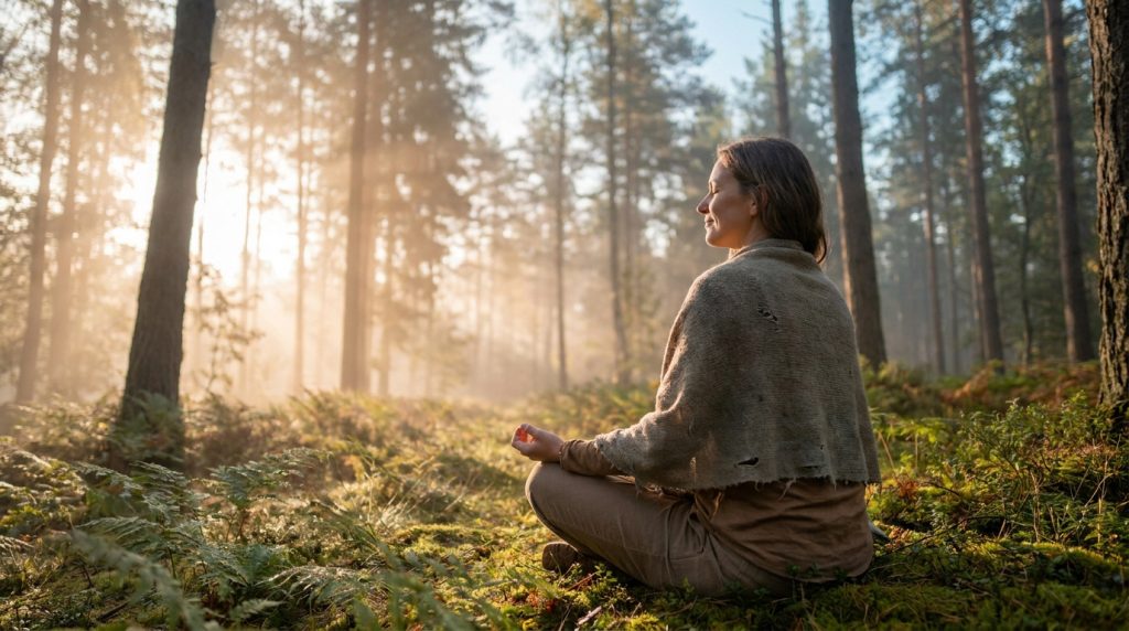 Femme assise en méditation dans une forêt baignée par une douce lumière matinale.