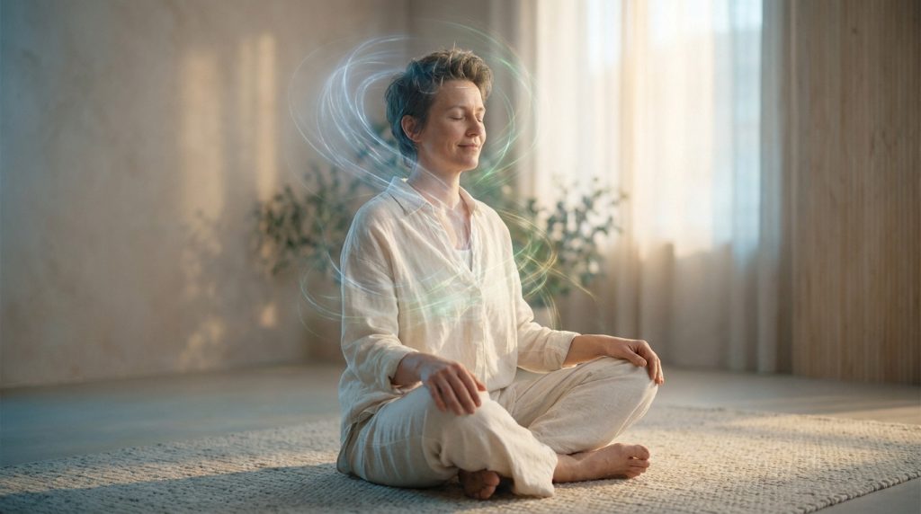 Une personne assise en lotus en pleine méditation, entourée d'une aura lumineuse et fluide dans un espace serein.