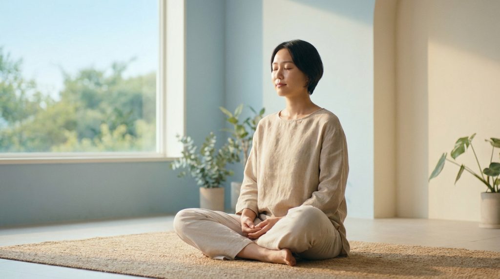 Une femme asiatique assise en tailleur et les yeux fermés, pratiquant la méditation dans une pièce lumineuse.