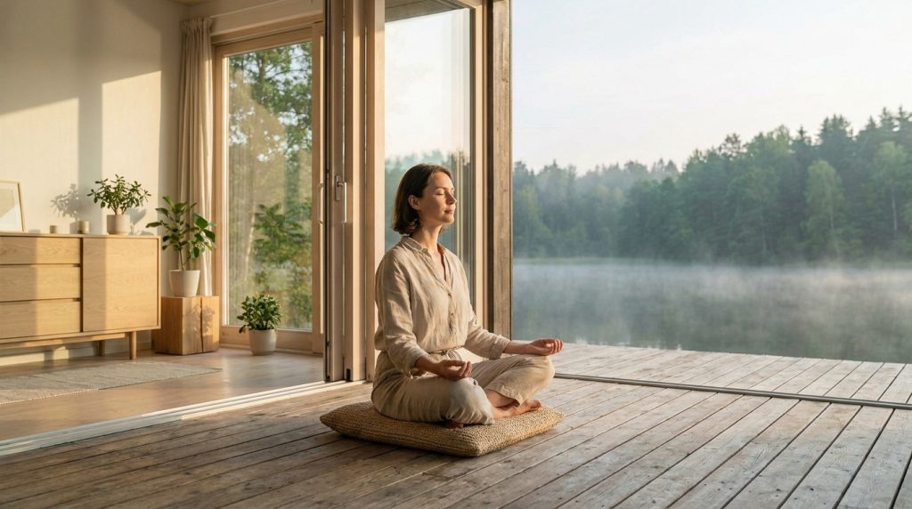 Une femme médite paisiblement assise sur une terrasse en bois face à un lac brumeux au lever du soleil.