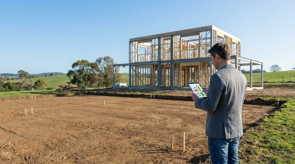 Un homme en veste utilisant une tablette devant une ossature de maison en construction sur un terrain.